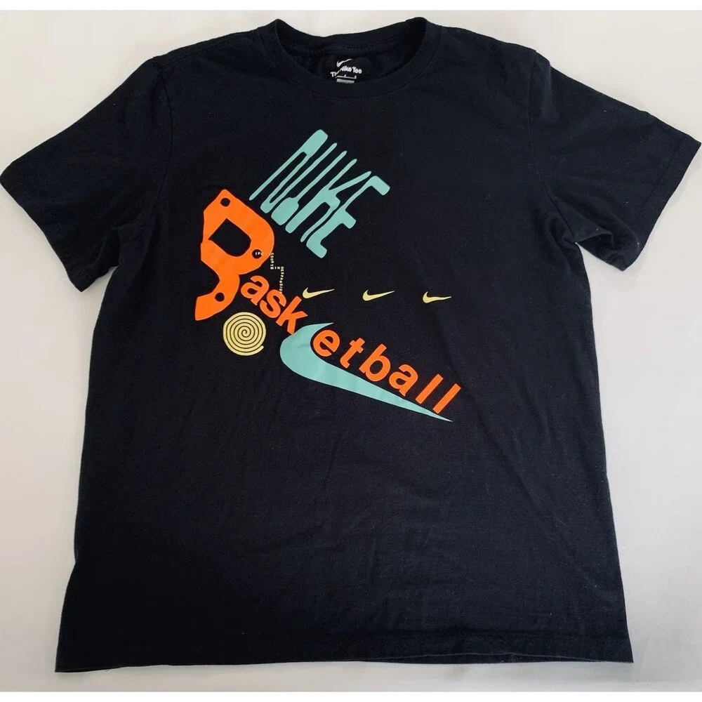 Nike Shirt Men L Black Basketball Colorful Swoosh Graphic Tee Retro Athletic Gym